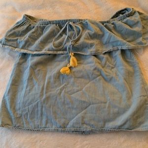 off the shoulder blue crop top